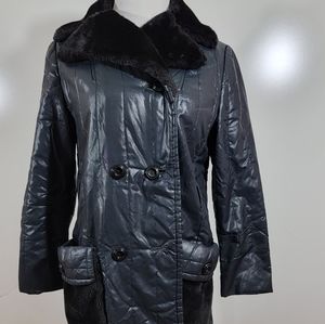 Vtg 60's Cathy Dee Women Black Puffer Jacket Coat Faux Fur Trimmed